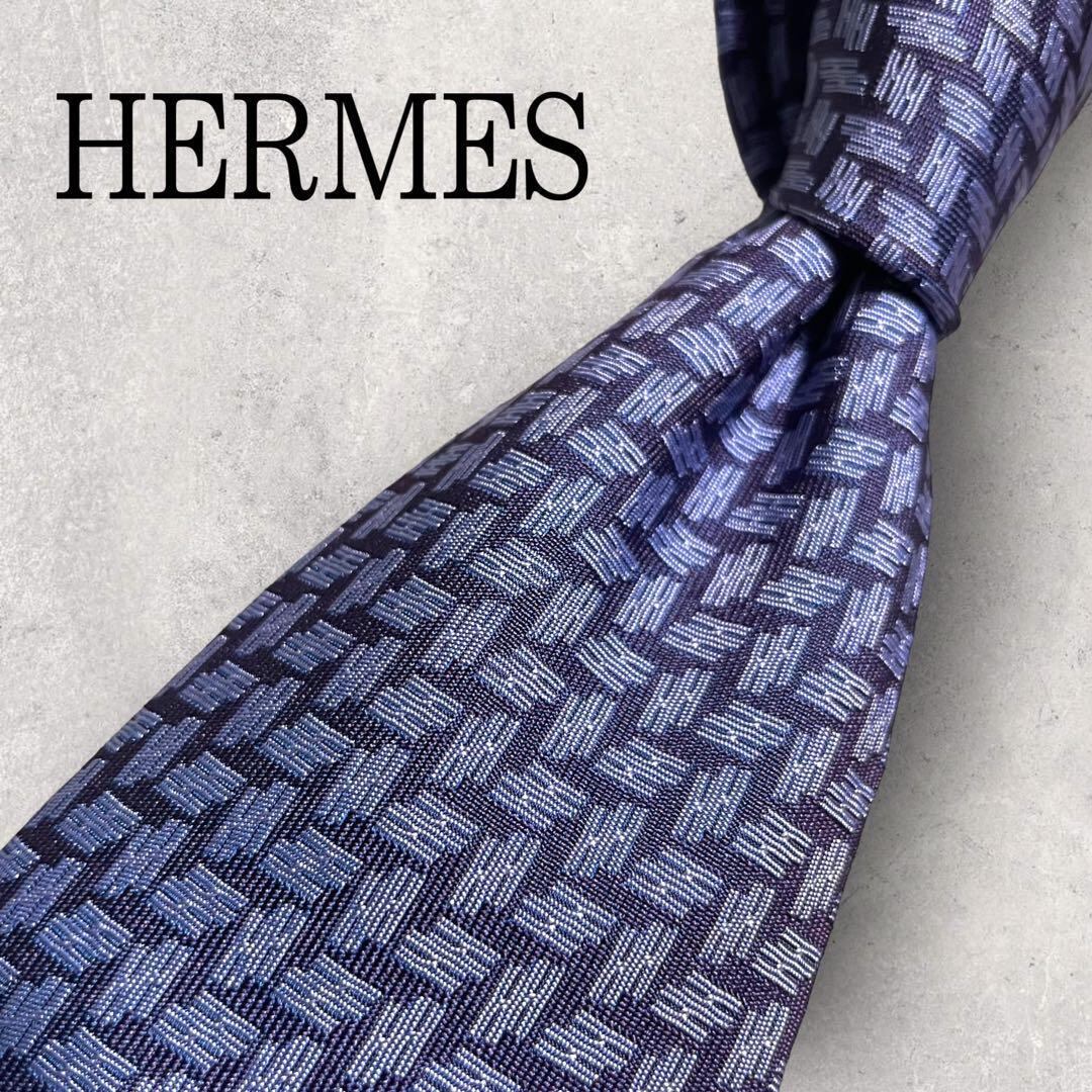 HERMES エルメス ネクタイ ネイビー H柄 ジャガード