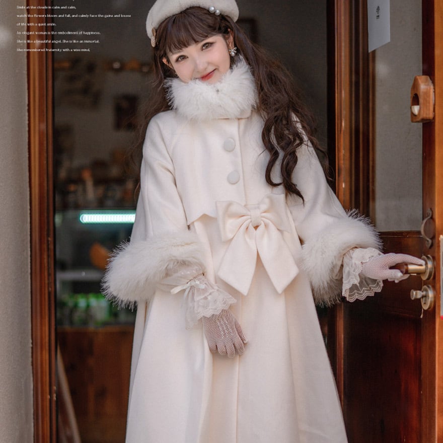 サブカル 服 地雷系 通販 系 ファッション ゆめかわファッション コート アウター ワンピース リボン 上品 ファー付き 豪華 ふかふか 暖か 秋冬服 量産型 ガーリー