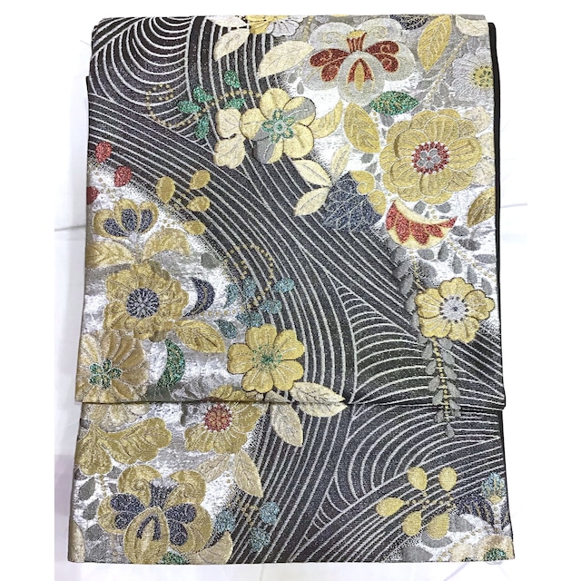 袋帯・正絹・花・黒地・No.200701-2010・梱包サイズ60