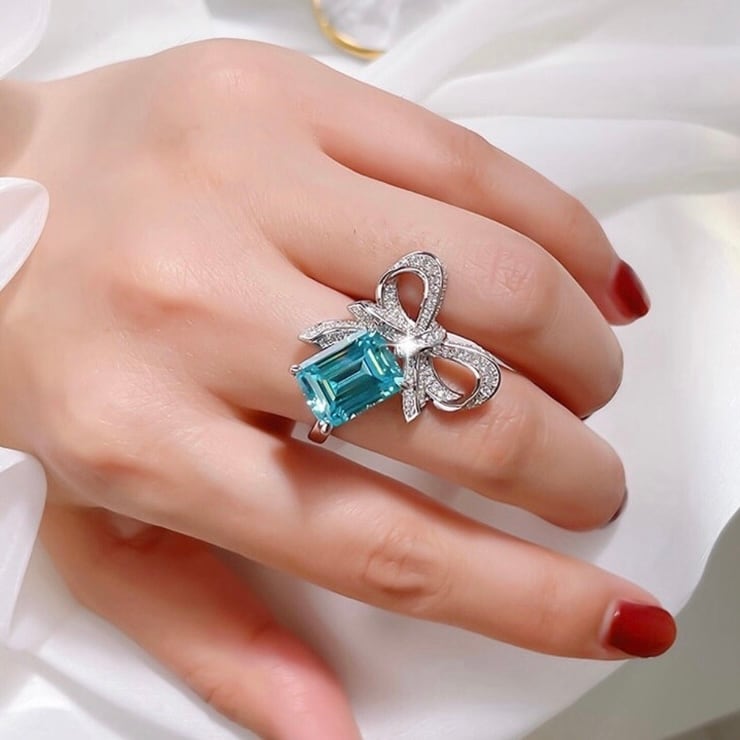 リボン 人工アクアマリン エメラルドカット 長方形 高炭素ダイヤモンド