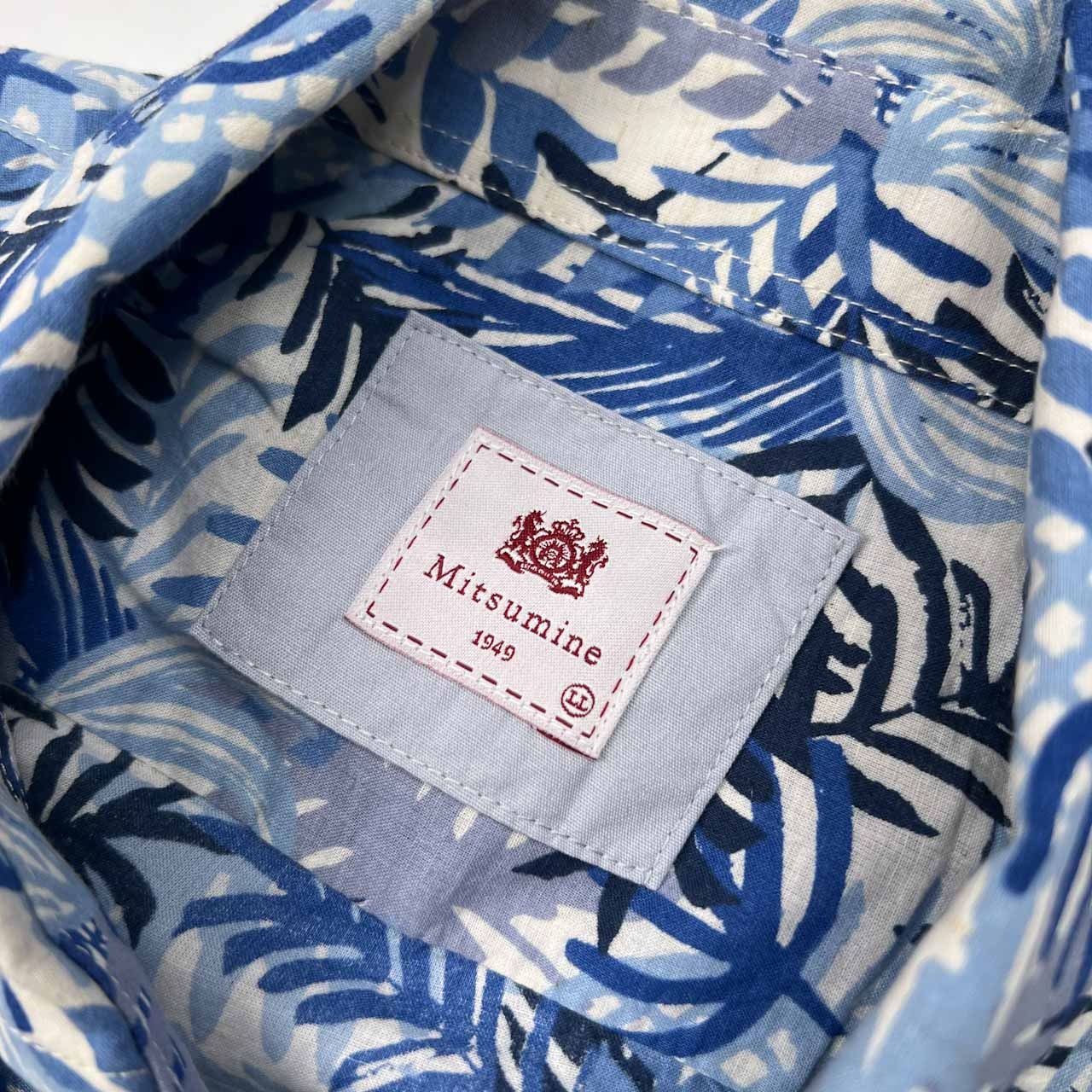Mitsumine ミツミネ 総柄 リネン混 半袖シャツ サイズ LL /薄手/メンズ/ネイビーブルー系/麻混