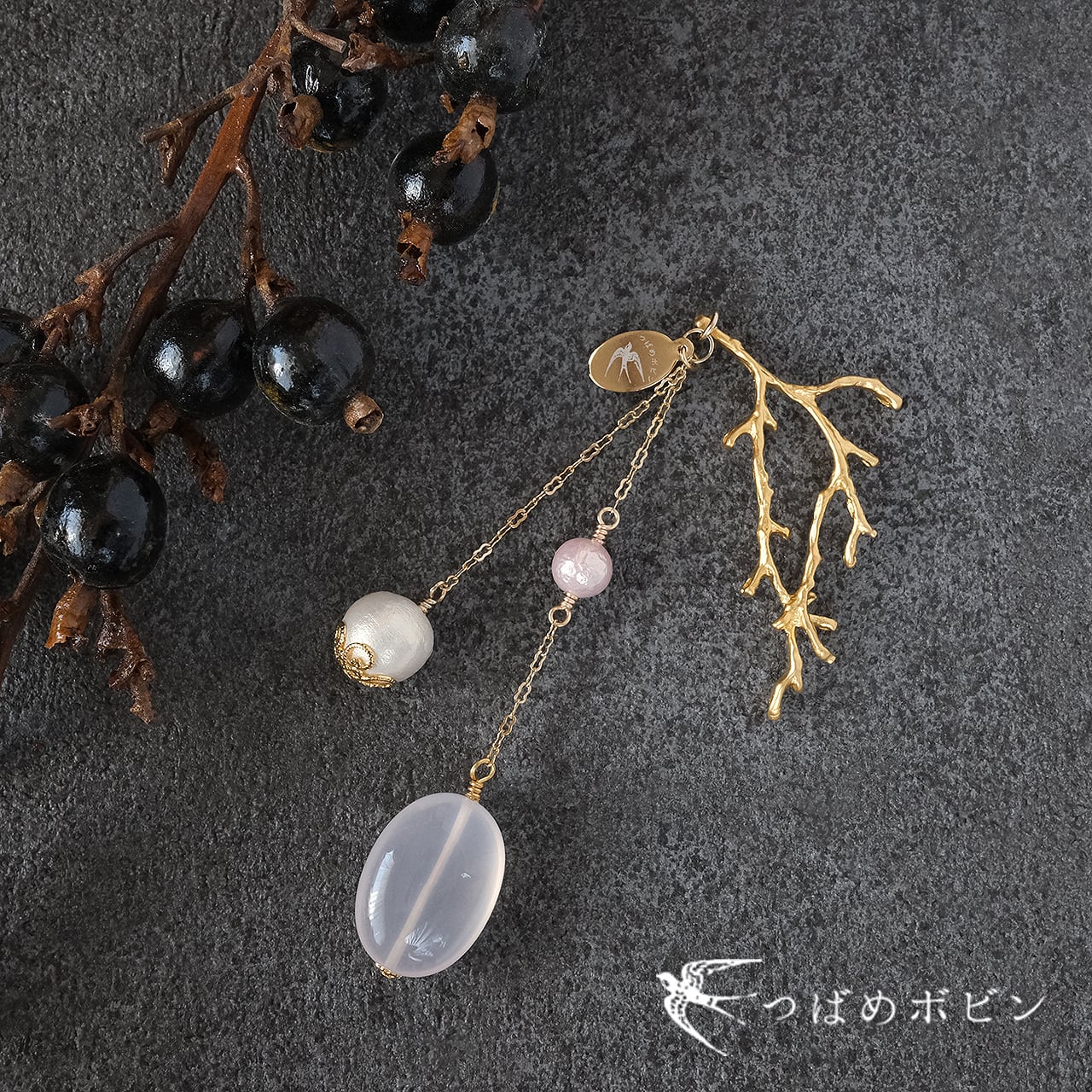 天然石とパールの帯飾り《ローズクォーツ/N》