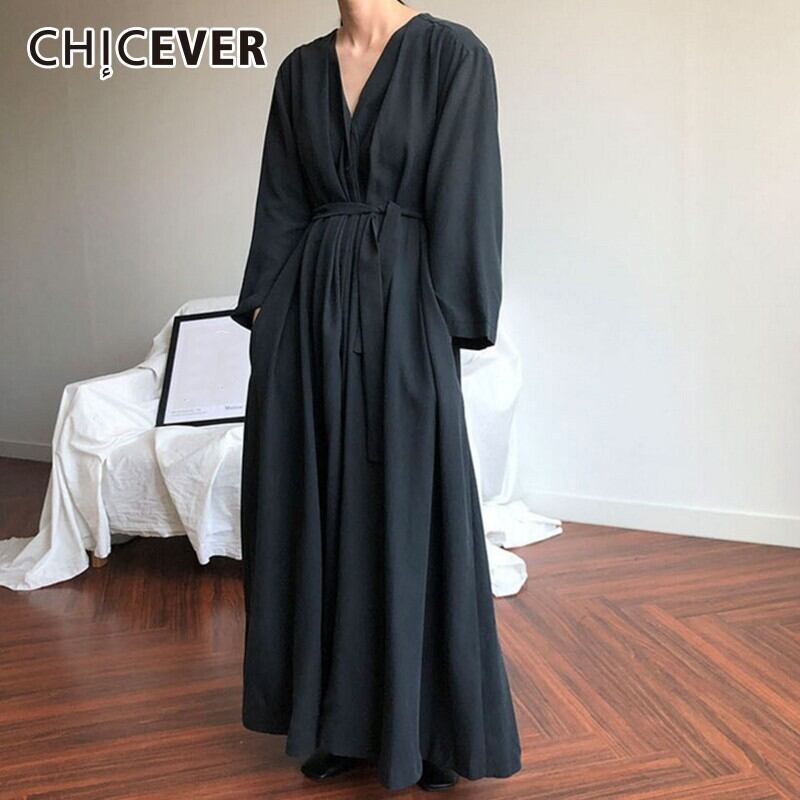 CHICEVERレディースドレスVネック長袖レースアップブラックマキシドレス特大2020秋 ロング オータム 秋物 6base523196931600