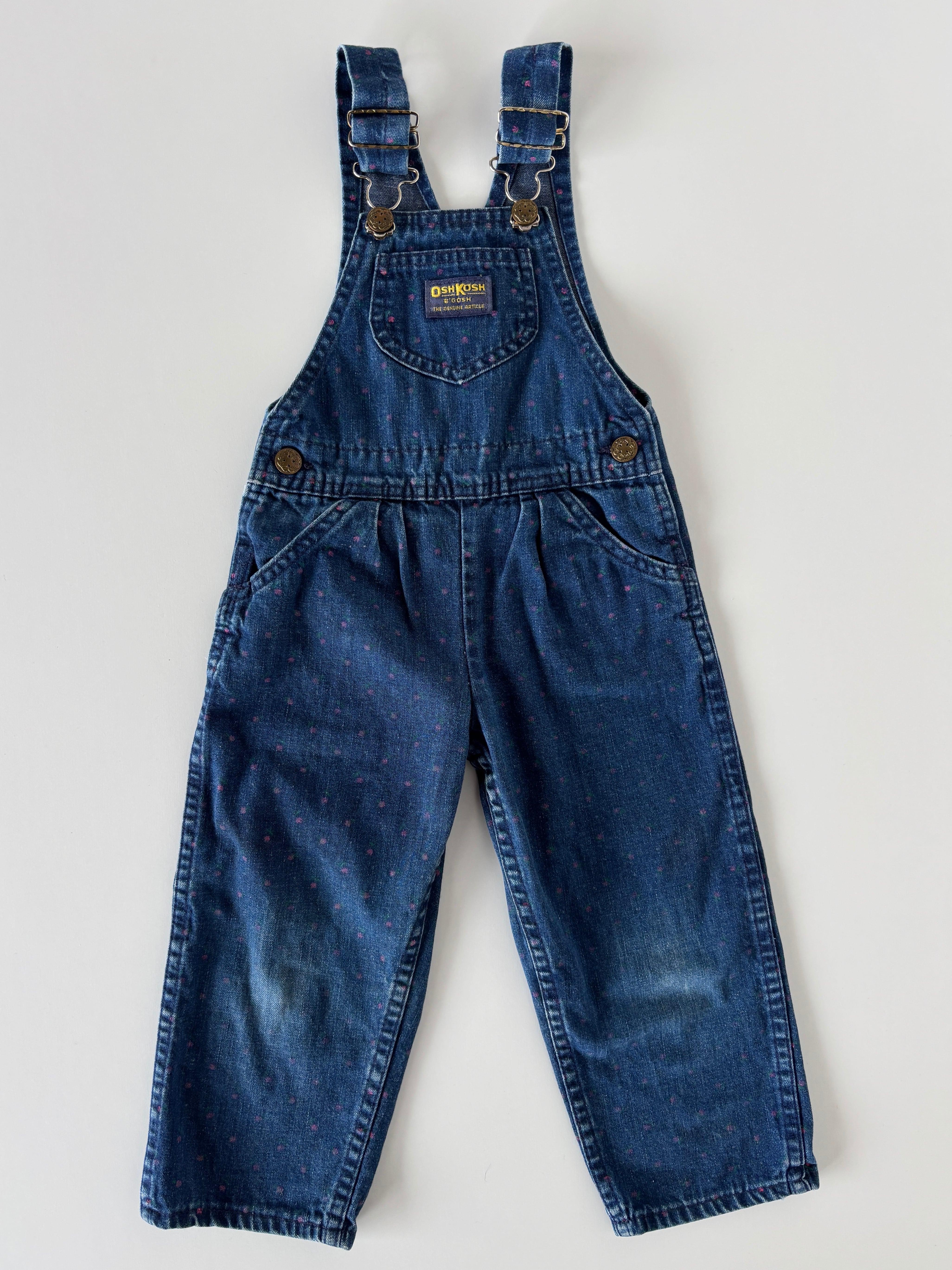 【2T相当・vintage 】USA製 フローラル柄 OshKoshデニムオーバーオーオール