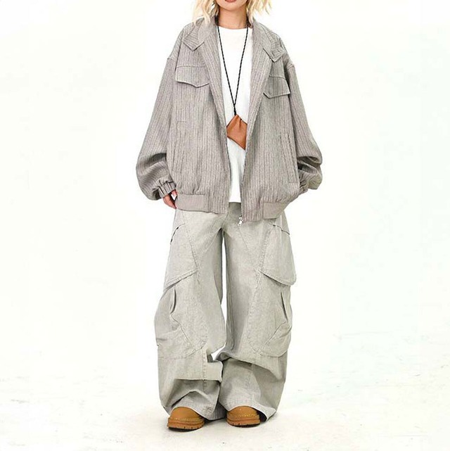 ピンストライプユーティリティジップブルゾン 2col   R01464