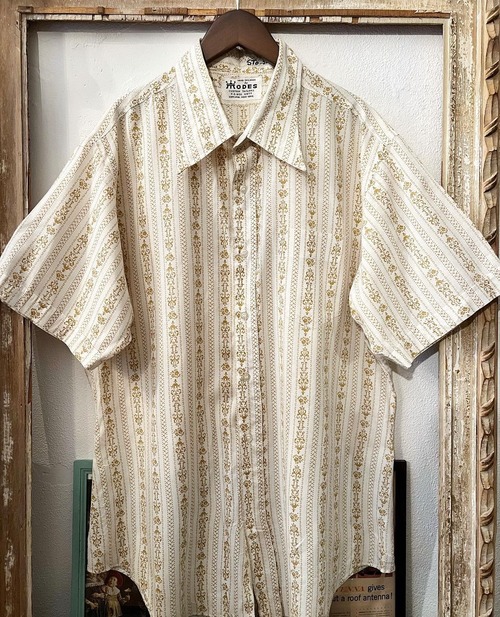 70's "handtailored by modes"  S/S retro antiques stripe design polyester shirts 【L】