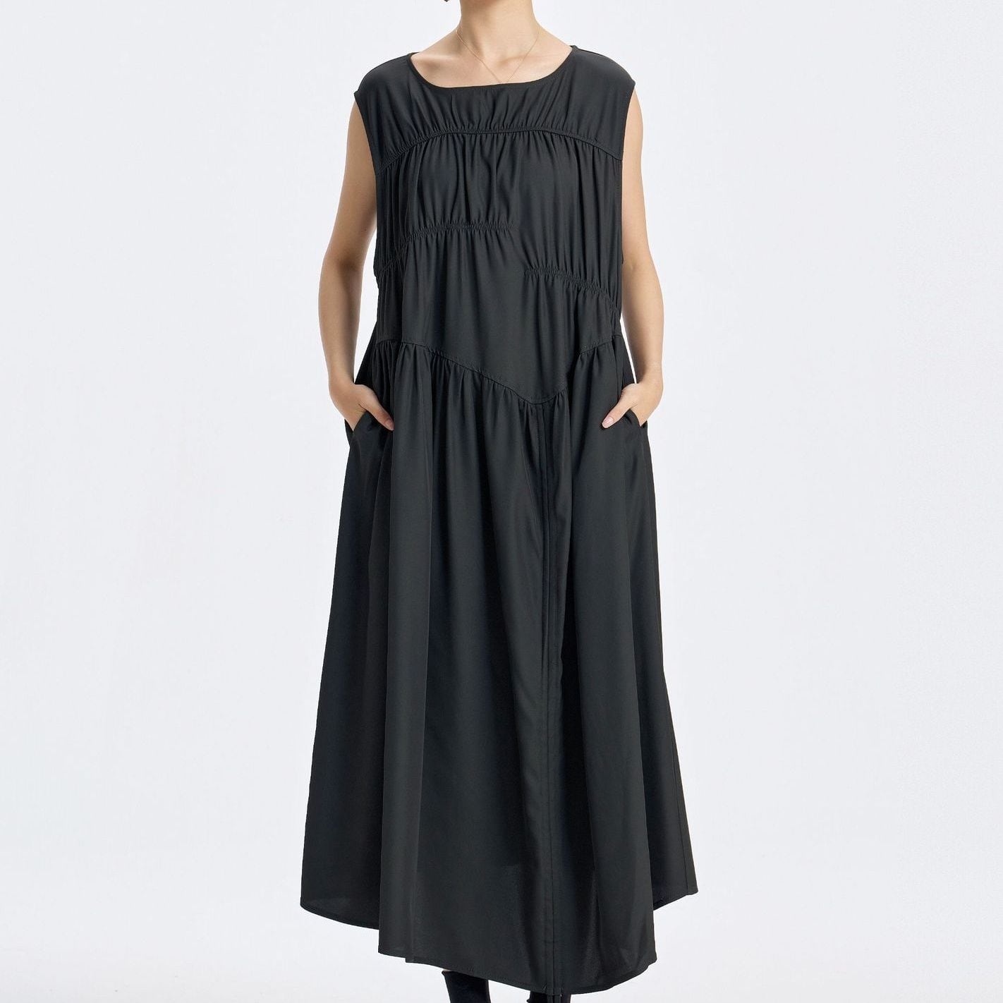 ASYM DRAWSTRING RUCHED SLEEVELESS MIDI DRESS M-17764