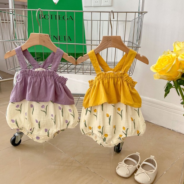 【BABY】チューリップ柄フリルノースリーブロンパース - 5