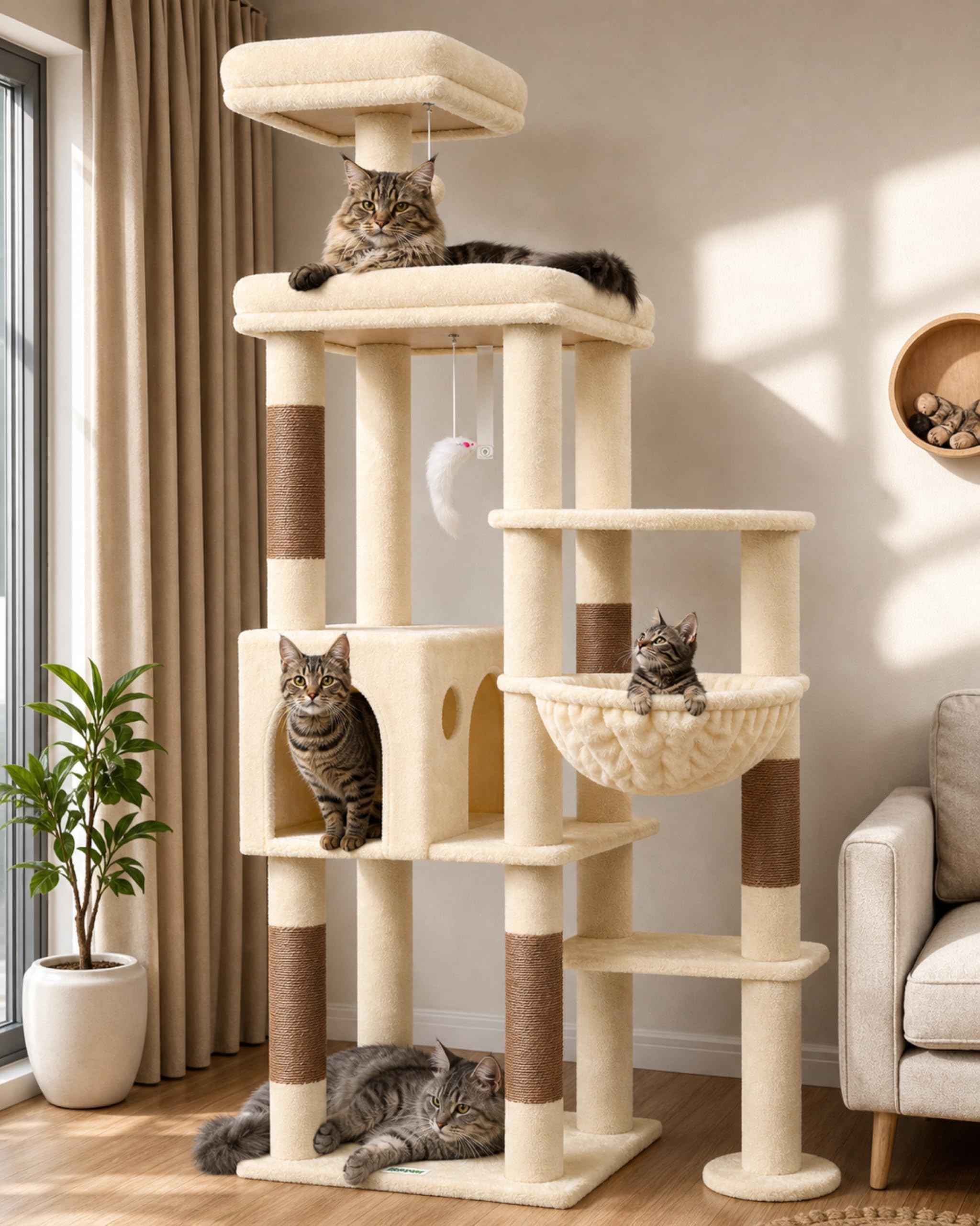 在庫処分】CozyMeow キャットタワー 突っ張り 木製 キャットツリー 木
