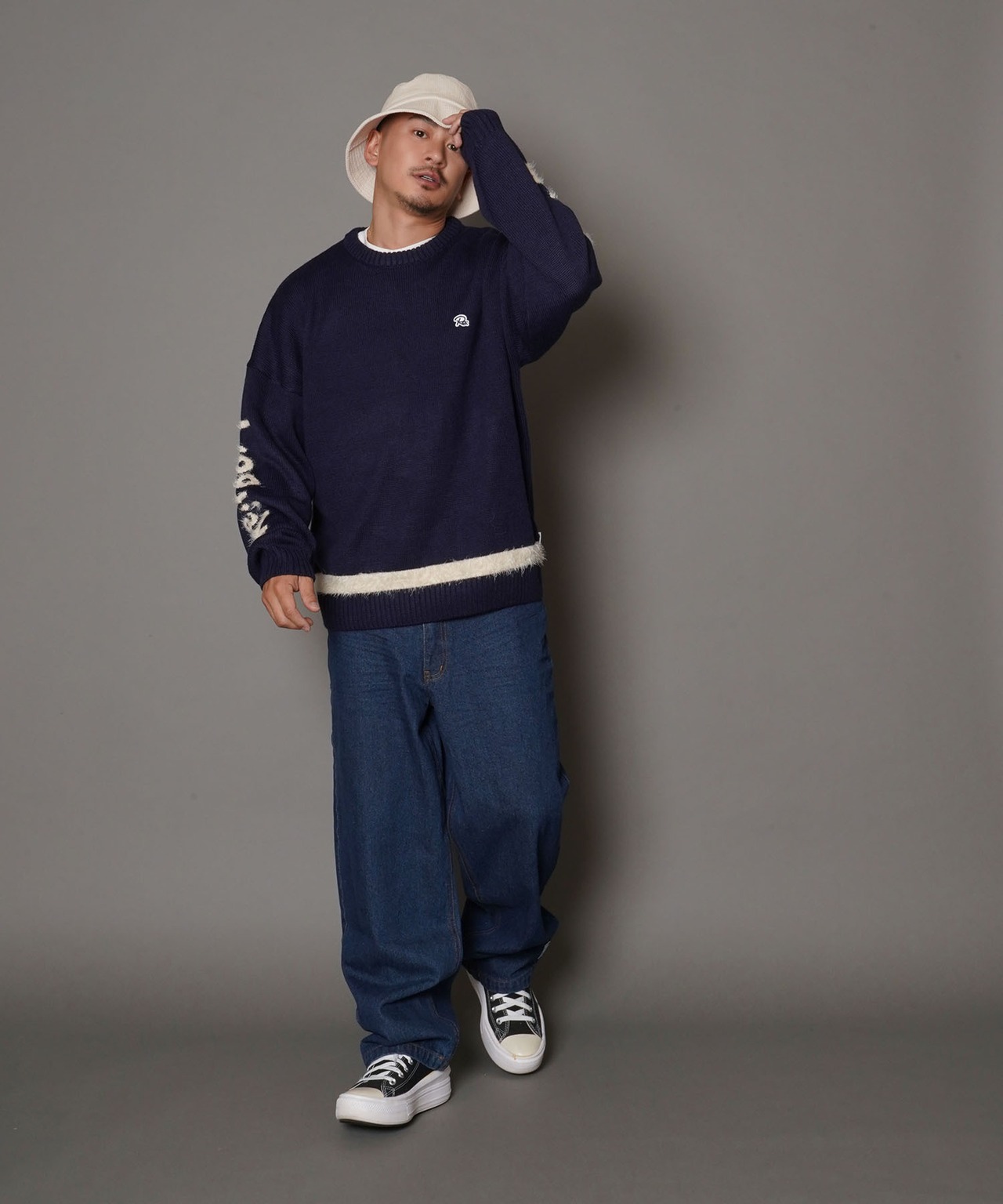 【#Re:room】WOOL SHAGGY ARM LOGO CREW KNIT［REK114］