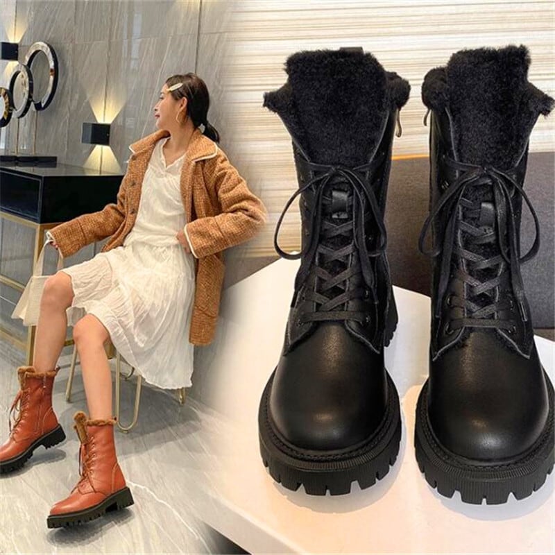 【新作】【送料無料】 革の女性のハイヒールのブーツは、厚底のレースアップスノーブーツを増やします冬の女性のファッションファーブーツ 靴 シューズ ウィンター 冬物 レザー 10b385554847801