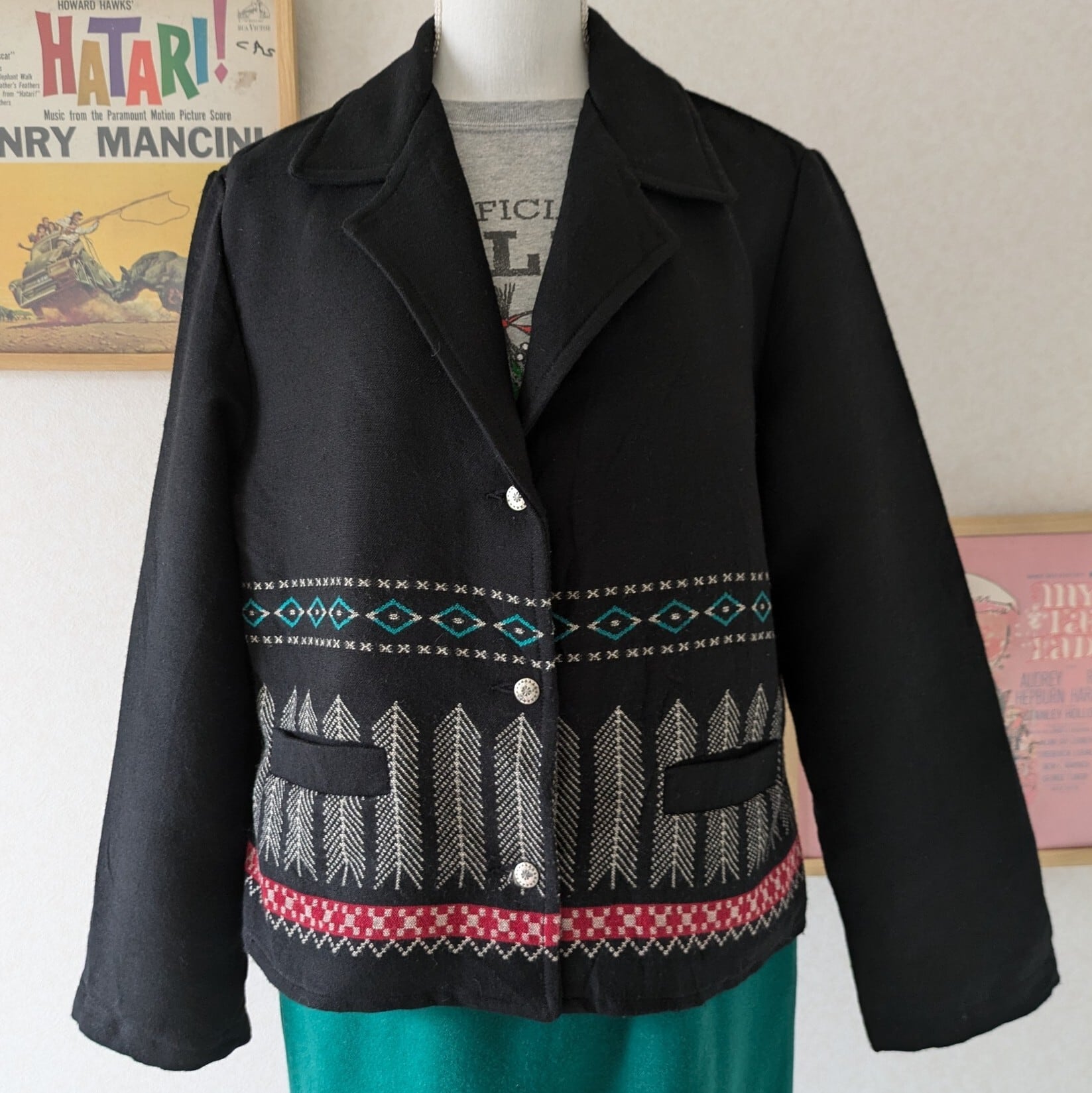 90s【WOODED RIVER】USA製 ネイティブ柄 ウールジャケット 黒 サイズL