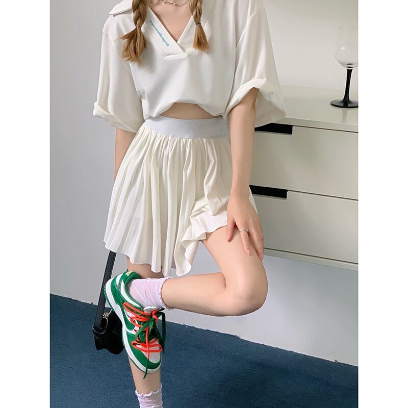 スタイルサマーカジュアルVネックトップス プリーツスカート 夏物 モンロー4378630416