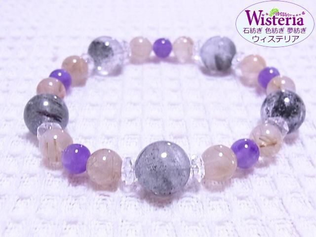 可愛い❢ラベンダーアメジスト にガーデンルチルクォーツハートブレス❥ ガーデン水晶×ルチルクォーツ×アメジスト 五芒星ブレスレット