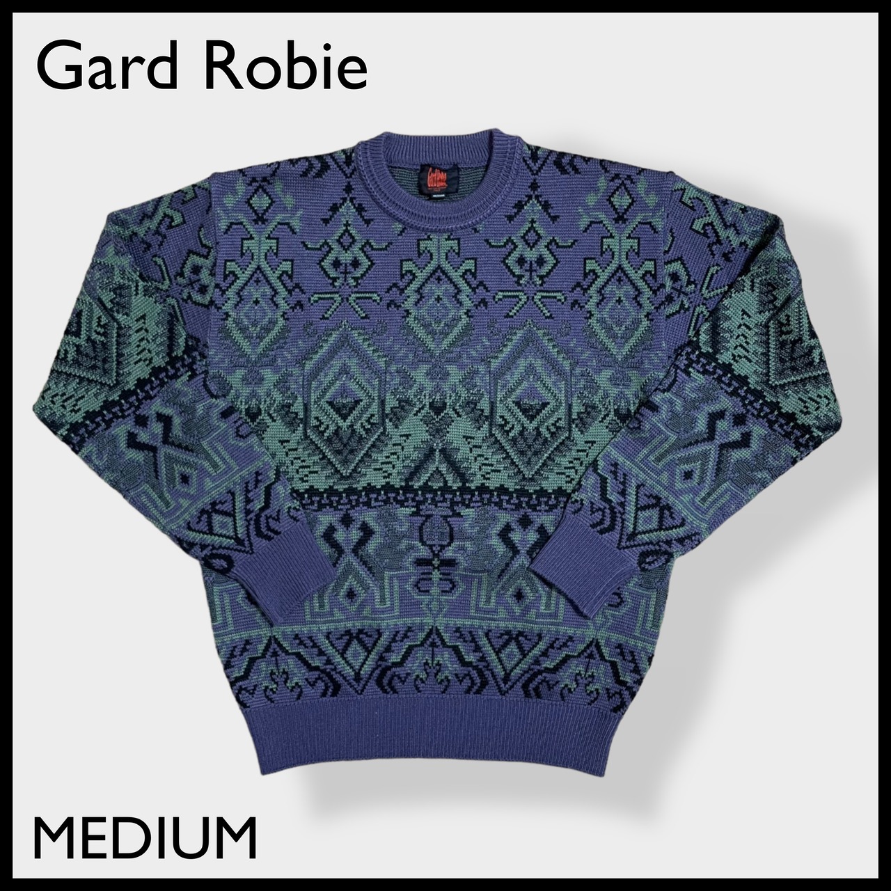 【Gard Robie】日本製 柄ニット デザインニット 総柄 柄物 個性的 幾何学模様 ウール アクリル パープル 昭和レトロ 古着