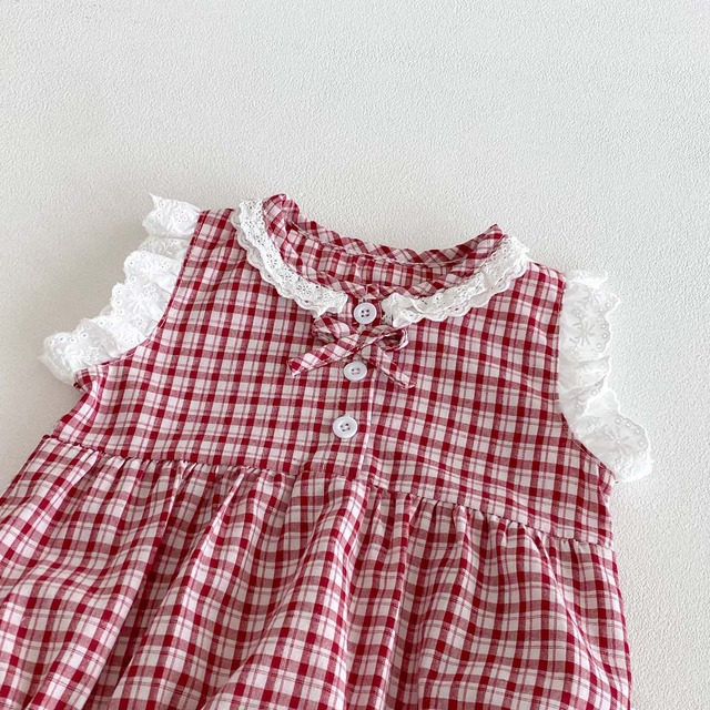 【セット】さくらんぼチェックレースロンパース帽子セット - 12