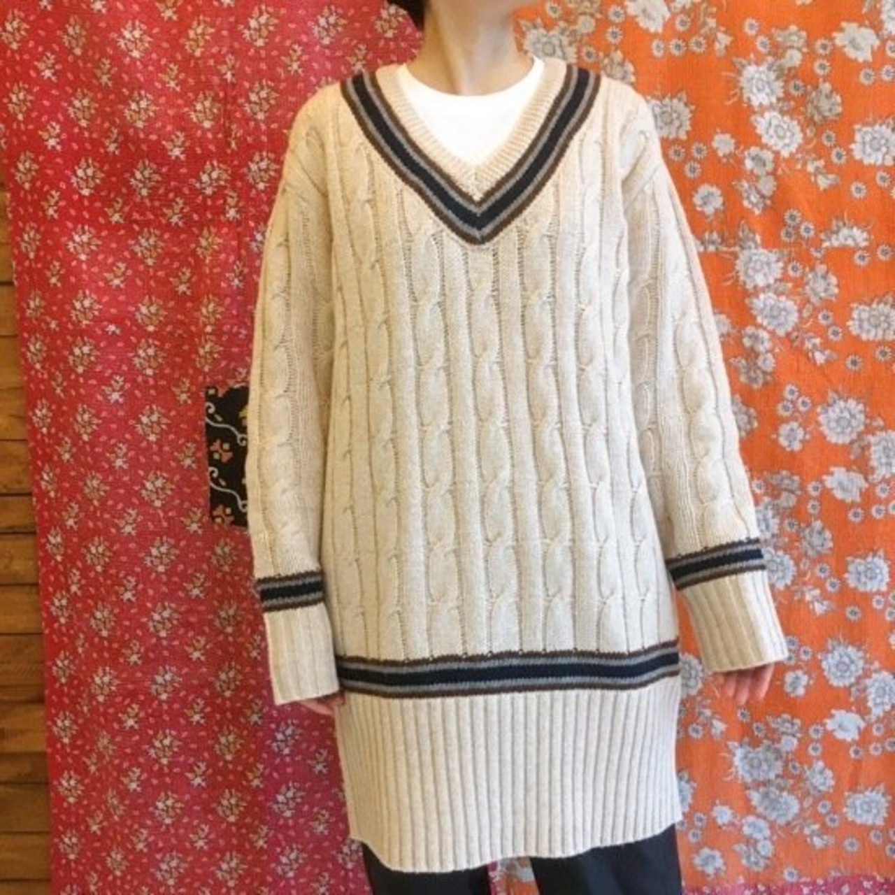 ICHI（イチ）　ラムケーブル　ロングVネックニット　ナチュラル【SALE】
