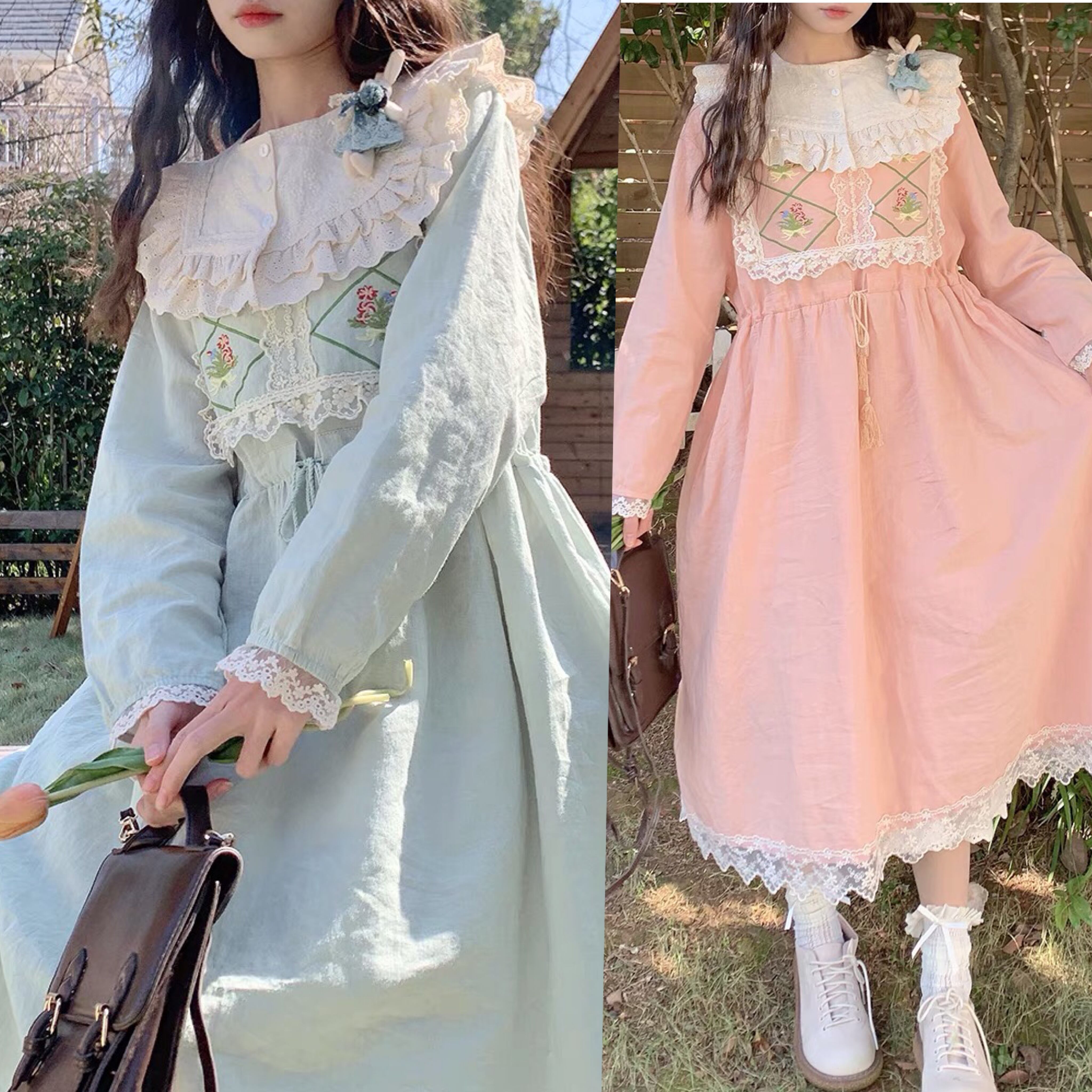 ワンピース 水色 白 ブラウス 丸襟 エプロンワンピース ガーリー 姫