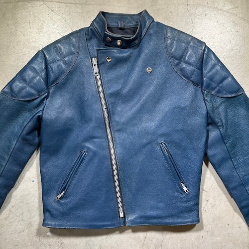 70's~ TT LEATHERS INTERNATIONAL レザーライダースジャケット  パデッド ロンジャン ブルー エルボーパッド ショルダーパッド UK 36R 英国製 希少 ヴィンテージ BA-1677 RM2096H