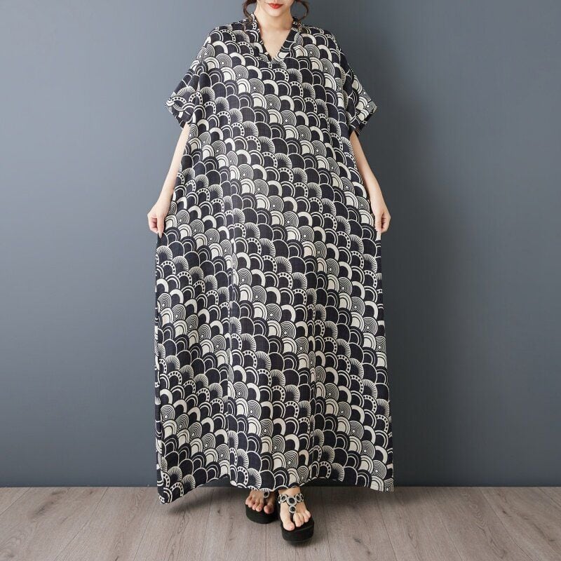 V-NECK SHORT SLEEVE LOOSE LONG DRESS M-17963