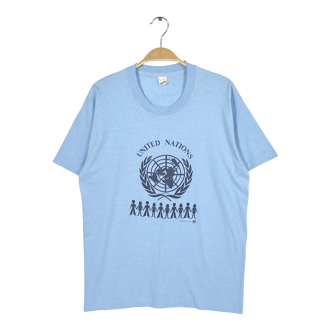 80s 国連 UNITED NATIONS USA製 ヴィンテージ Tシャツ ライトブルー シングルステッチ スクリーンスターズ サイズL BZ0659