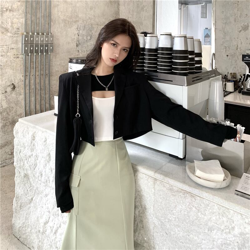 センスショートショルダーパッドフライドストリートスモールスーツジャケット女性秋スタイルルーズスモールスーツブラックトップ ブラックストロベリース36943085958