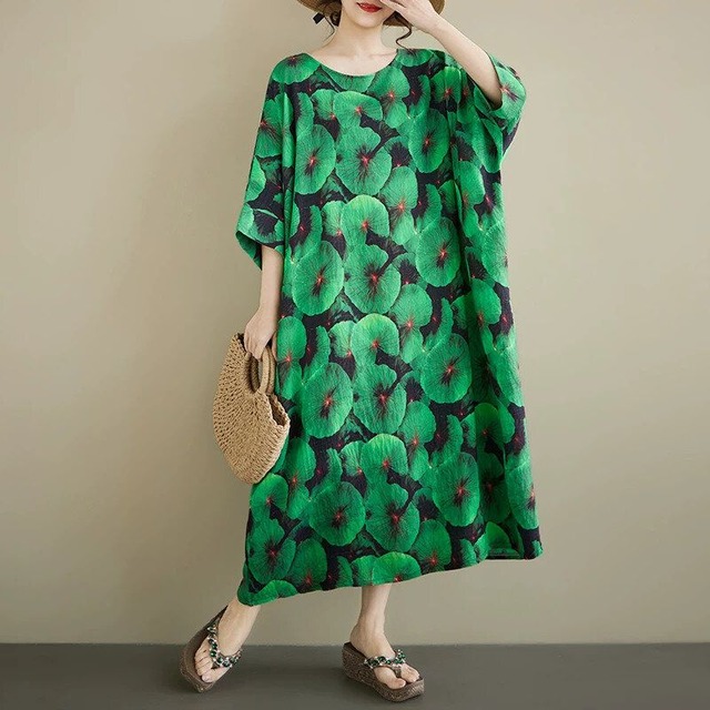 PRINT BOAT NECK 3/4 SLEEVES LONG WIDE PULLOVER TOP 1color M-16982
