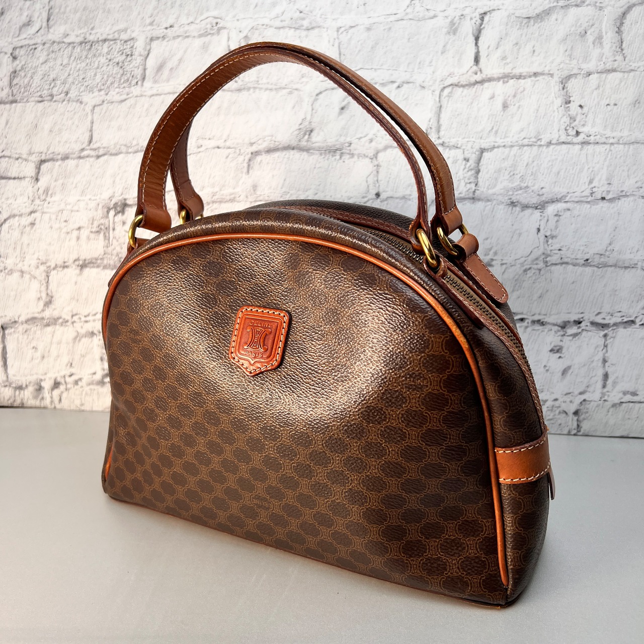 CELINE セリーヌ マカダム レザー ハンドバッグ ブラウン A-12635
