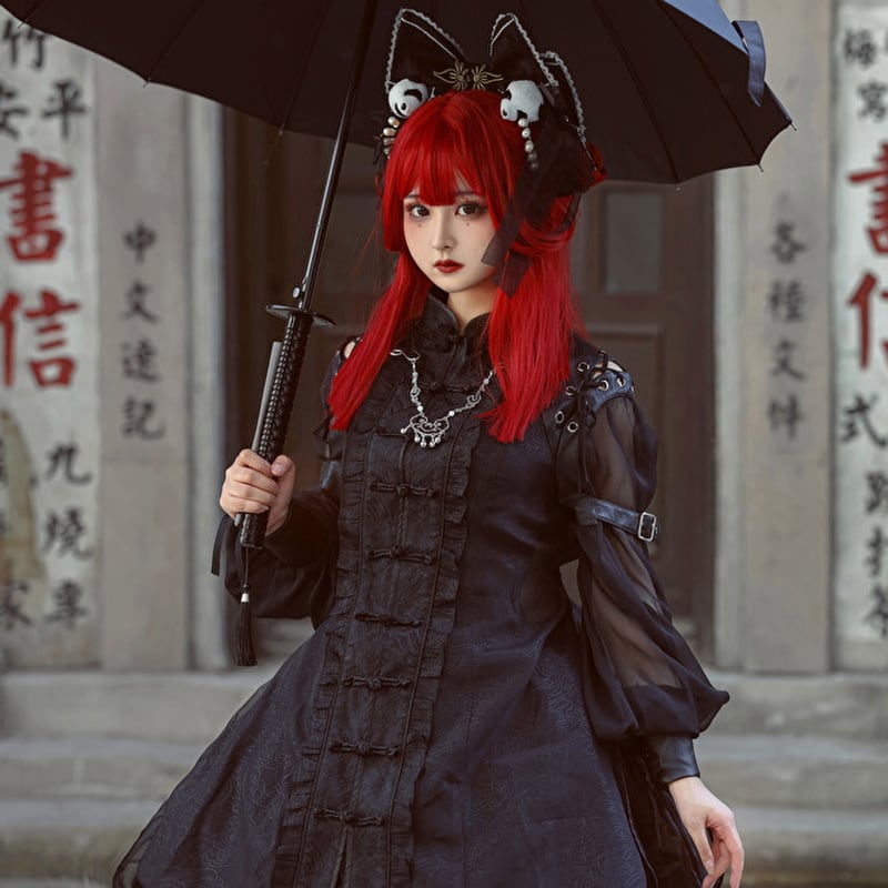 SEASONZ 中華ロリータ ゴシック ドレス チャイニーズ風 ミニスカ darkness ハイウエスト レース 地雷系 V系 原宿女子 コンカフェ ゆめかわ