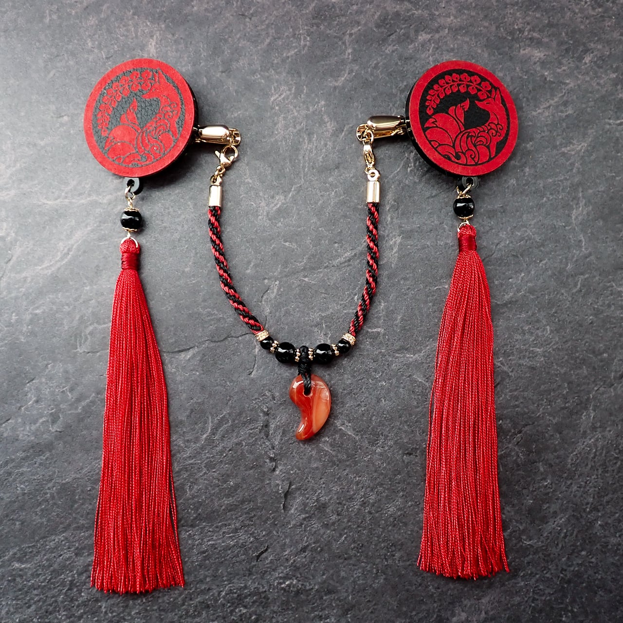 【受注生産】九尾の狐　二条藤紋の羽織紐　赤×黒　