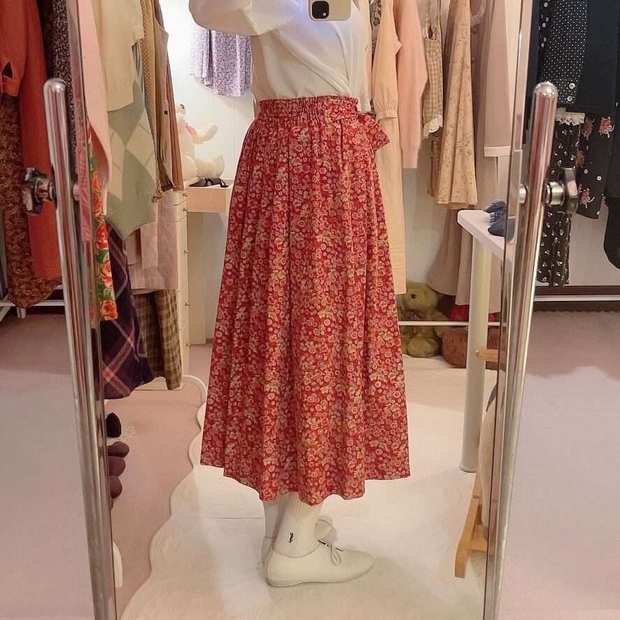 red flower waist ribbon skirt