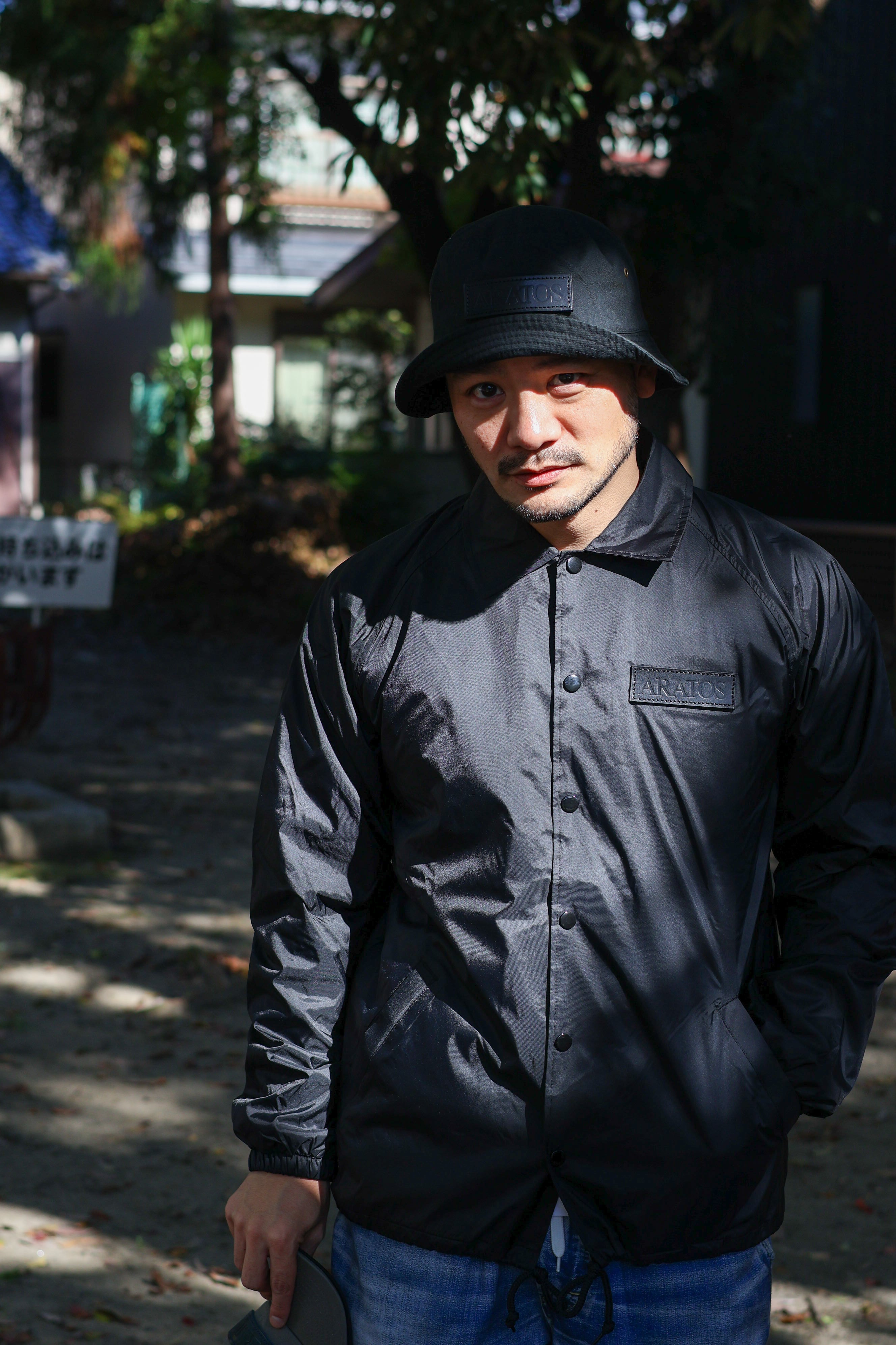 【受注生産】Aratos Leather Patched Boa-Lined Coach Jacket "Black"