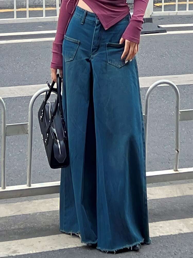 カットオフデザインでこなれ感抜群 ワイドジーンズ おしゃれ 大きいサイズ 韓国 CH9015