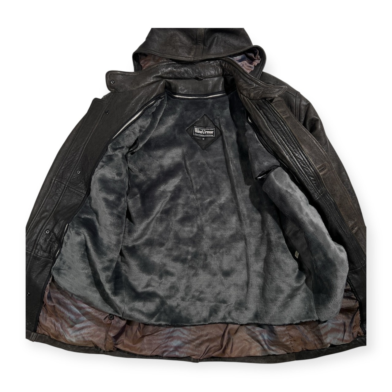 Wind Armor ウィンドアーマー 羊革 ラムレザー 本革 フーデッド ハーフ コート サイズ M /ブラック系 裏地アニマル柄