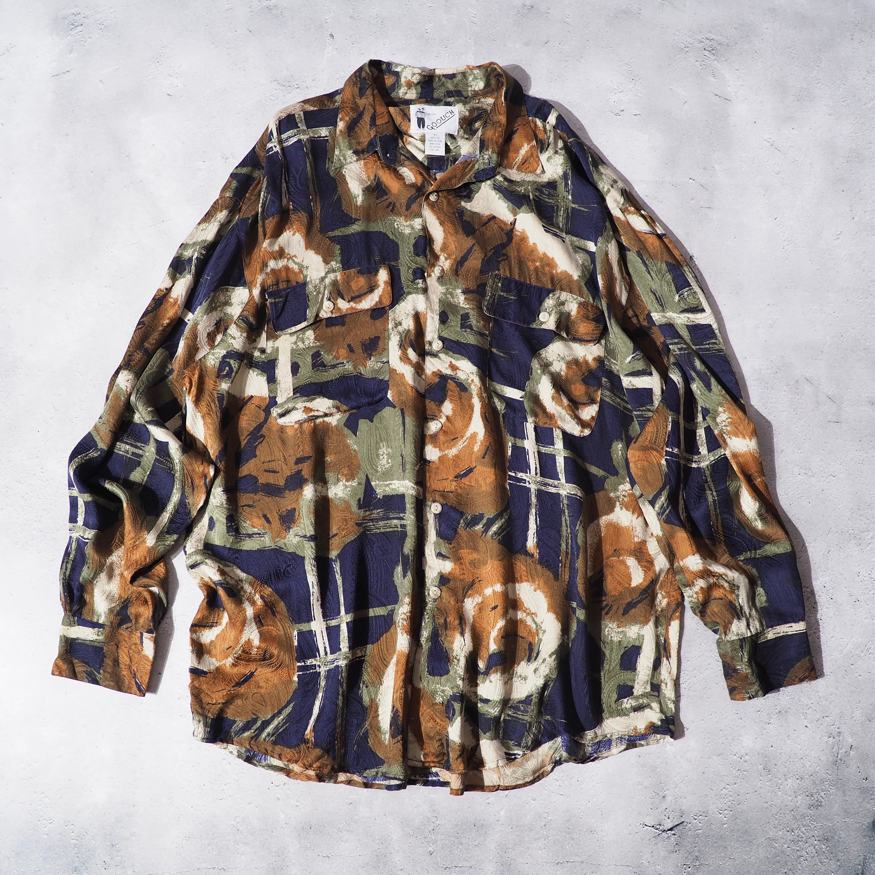 1990s GOOUCH retro art × openwork paisley full pattern silk shirt