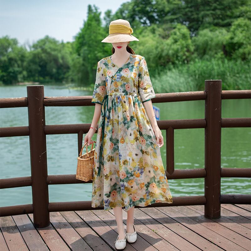 ワンピーストレンド リネン 上品柄 抜け感 Vネック 夏ワンピ リボン