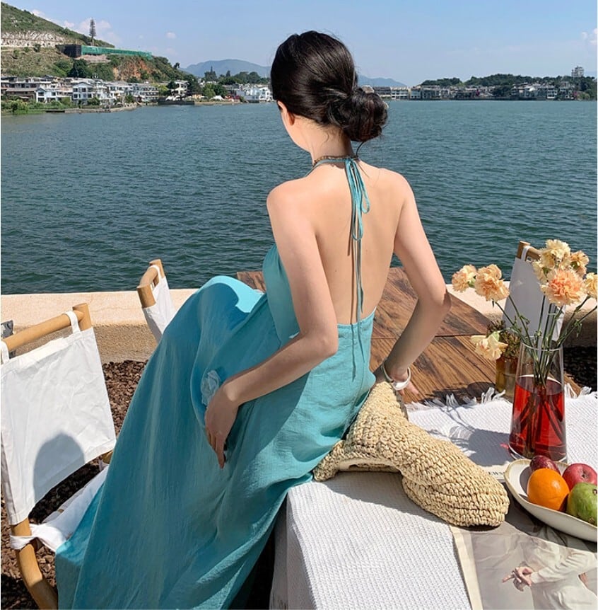 リゾートワンピース バックレス フラワーモチーフ 立体花 マキシ丈