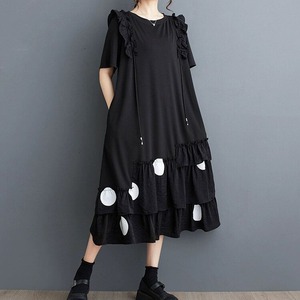 BLACK DOT BOAT NECK HALF SLEEVES FRILLED HEM MIDI DRESS 2colors M-14207
