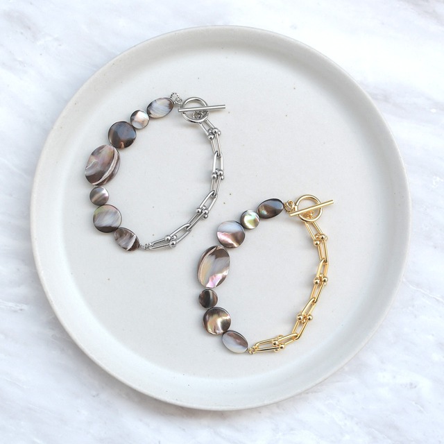 シェル × ホースシューチェーン ブレスレット / 黒蝶貝 シェル  サージカルステンレス製  br-002