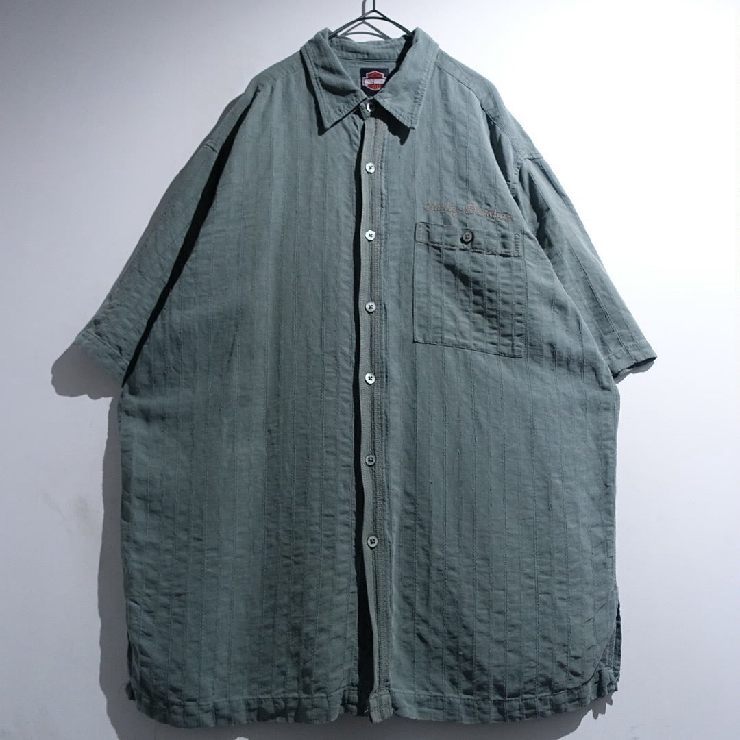 "Harley-Davidson" Green Logo Embroidery Design Silk & Linen Shirt