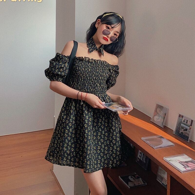 ドレス サマースタンダードカラーフローラルスタイルショートスカート レトロ 夏物 花柄 フラワーデザイン スクウェア ハンチェンe64135196702