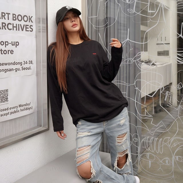 【即納】Y-5095　2026秋新作♡ISAYバックプリント長袖Tシャツ　ブラック　0911