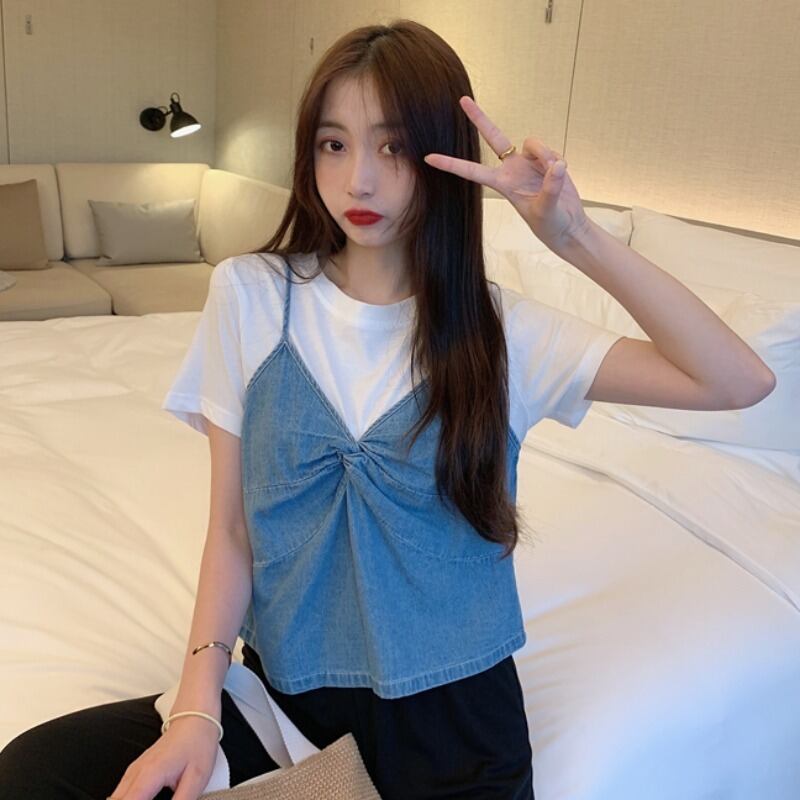 サマースタンダードショートジャケット ラウンドネックスリムTシャツ レディース レトロ 夏物 Oネック ステッチ YY-ファッション41121277970