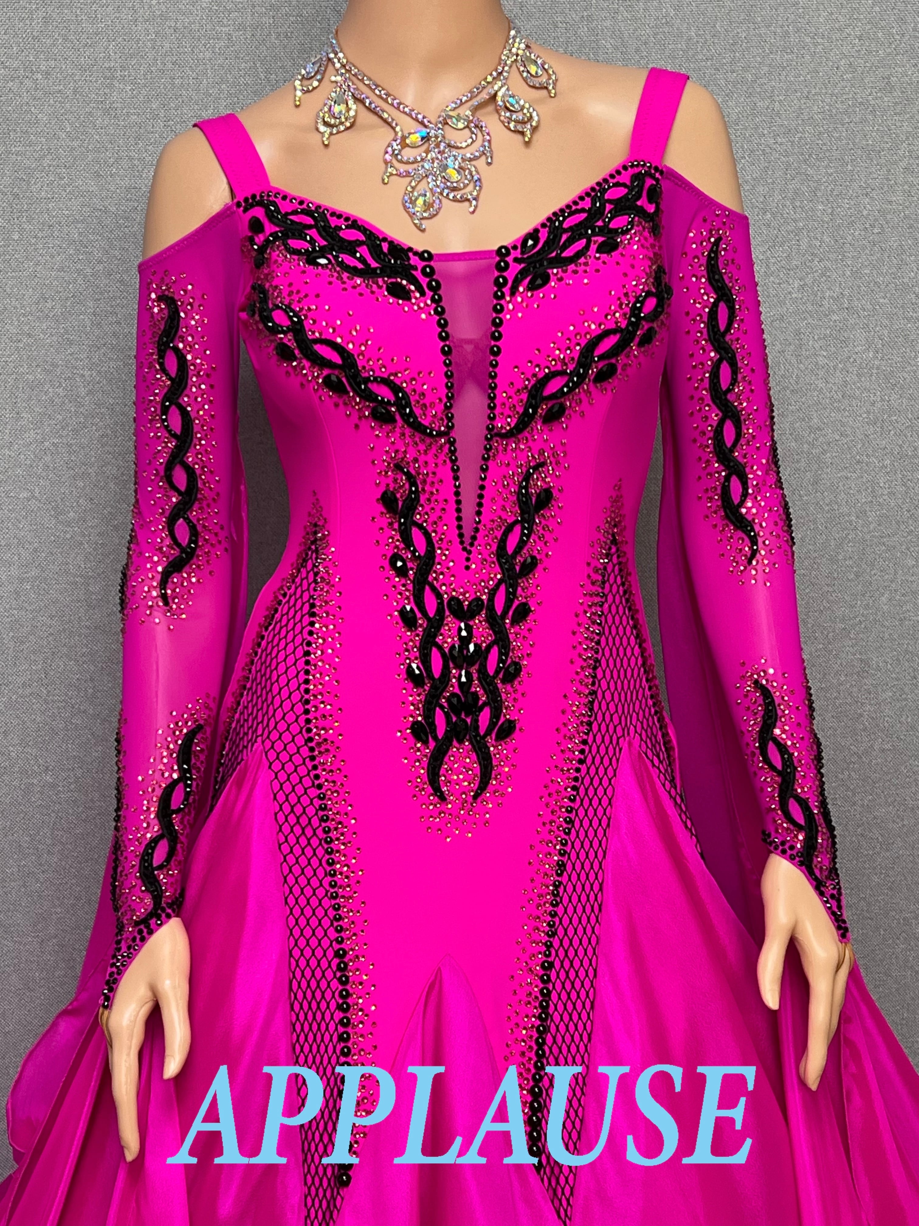 【新着】社交ダンス ドレス　モダン　スタンダード ドレス　ST-26-１　フューシャピンク　M〜L　デモ・競技用ドレス　発表会　衣装　パーティドレス　ワンピース　舞台衣装
