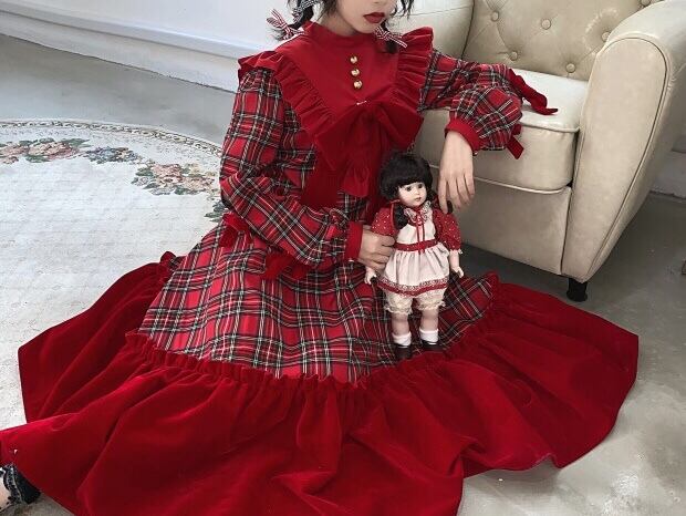 赤 リボンたくさん ワンピース チェック ロンドン リボン 襟 ガーリー