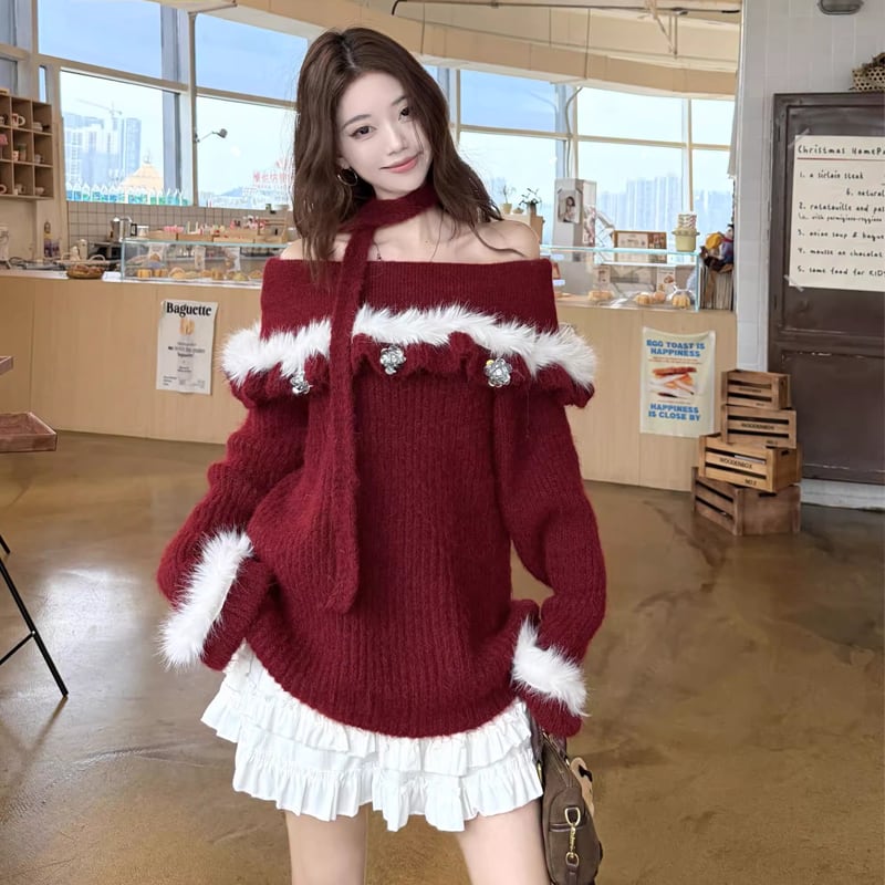 【tops】オフショルダーファードッキングニットトップス Q7599