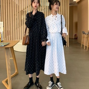 【送料無料】ドット柄 ワンピース ロング ミモレ丈 プリーツ ハイウエスト ボウタイリボン レトロ 大人可愛い お出かけ デート 普段使い デイリー OP-190IU