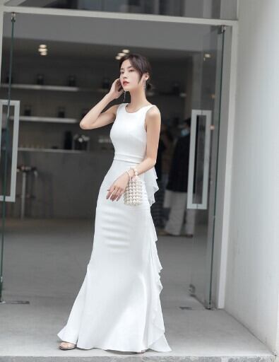 上品！ パーティードレス ホワイト マーメイドライン ロング 優雅な  