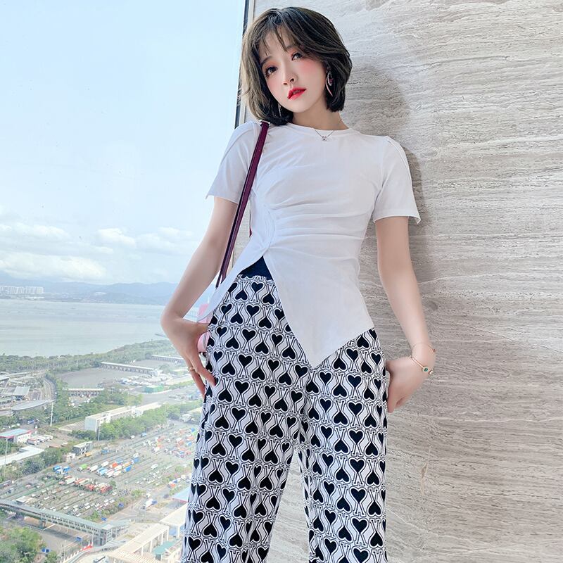 ラウンドネックプリーツTシャツ スプリングサマー 春物 夏物 Oネック MIUCO93407723968