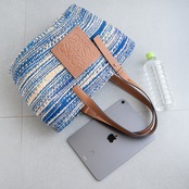 ロエベ パウラズ イビザ バスケットバッグ サイザル ブルー ブラウン レザー